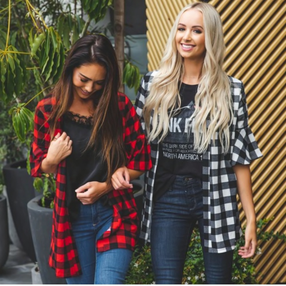 Buffalo plaid kimono cardigan (white) XL (-4-16)